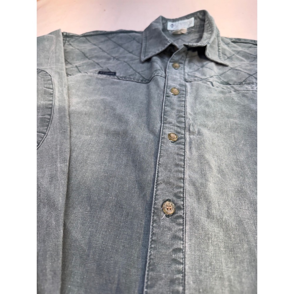 90s Columbia Quilted Yoke Elbow Patch Button Down Shirt Green‎ Gray Men's Size L